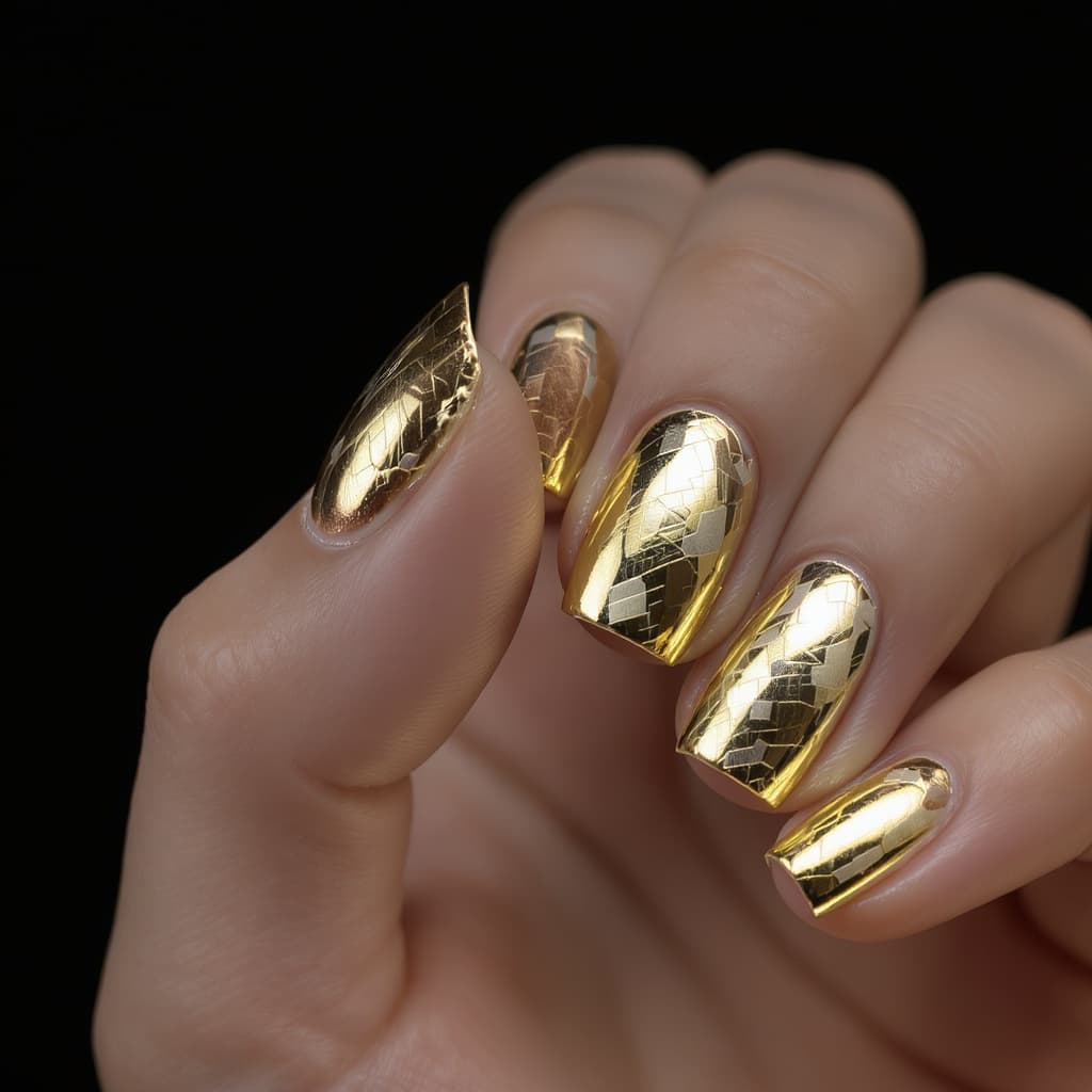 Luxurious embellished nail design with layered gold and jewel details