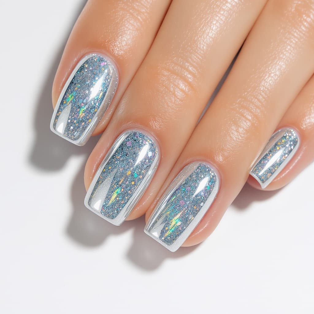 Reflective metallic nail art with sculpted almond-shaped tips
