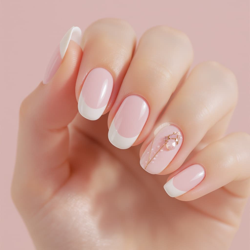 Soft blush glazed manicure with a precise high-shine finish